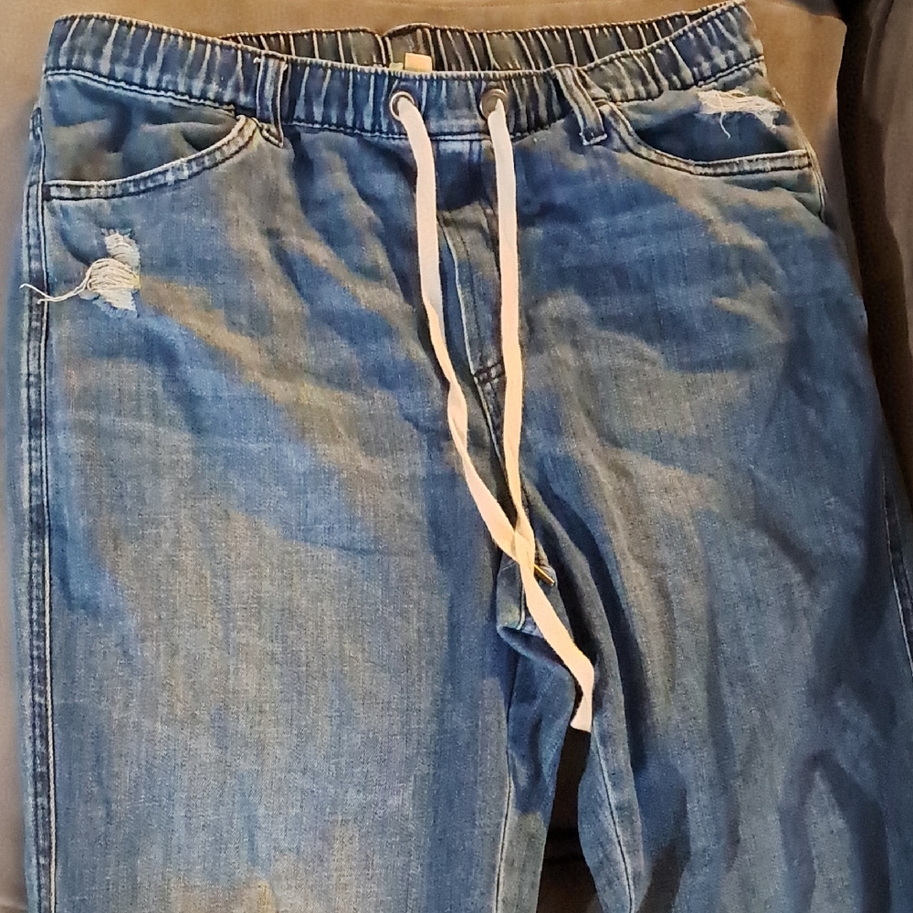 Aerie Distressed Drawstring Blue Jeans